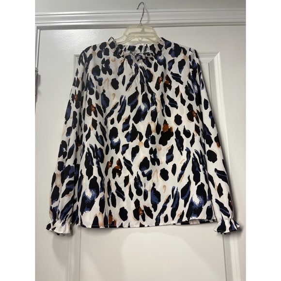 SHEIN Tops - Shein Women‎ Abstract Animal Print Ruffle Mock Neck Long Sleeve Blouse - Large